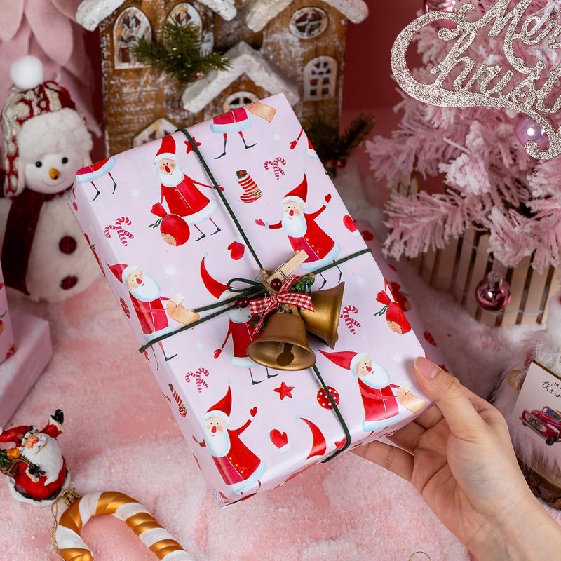 Yarcony Santa Claus Christmas Wrapping Paper Roll, Pink Christmas Gift Wrap, Reversible Chic Girly Santa, Ornament Gift Wrapping Paper for Holiday, Gift Packaging, Craft (17 Inch X 33 Feet) - Image 2